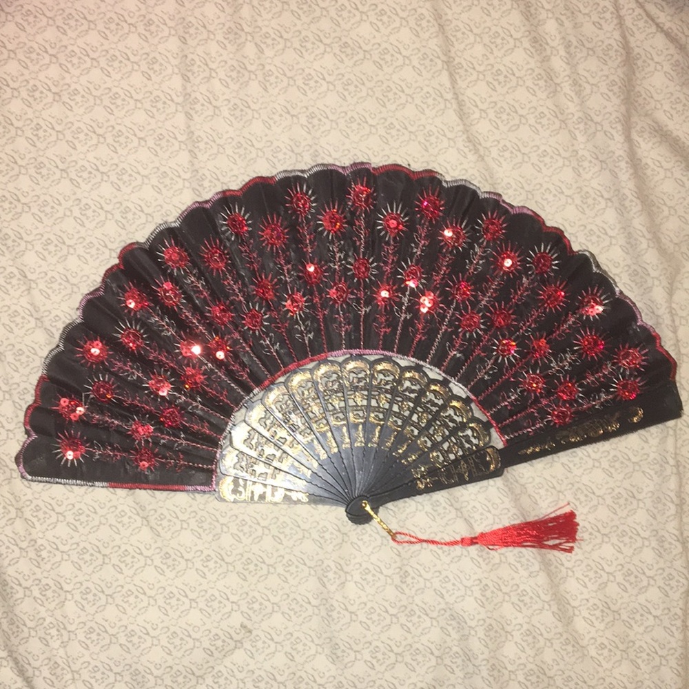 Red Black Gold Fabric & Plastic Fan with Tassel